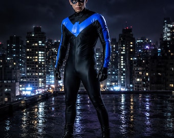 Nightwing-inspirierter blauer und schwarzer Ganzkörperanzug, Superhelden-Cosplay-Anzug für Erwachsene