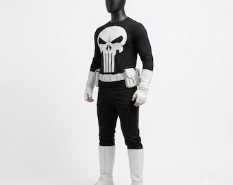 Punisher-inspiriertes Kostüm, Black Skull Vigilante Cosplay-Anzug mit Ledergürtel und Stiefeln