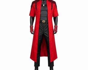 Dante Cosplay-inspiriertes Outfit, Set aus rotem Teufelsjägermantel, Halloween-Kostüm im DMC-Stil