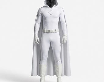 Moon Knight Cosplay-Kostüm, weißer Spandex-Anzug mit Kapuzenumhang