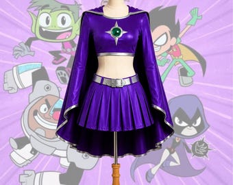 Purple Alien Princess Cosplay Costume, Spandex Crop Top Skirt Cloak & Belt, Comic Heroine Outfit