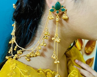 Ghungroo Chain Pachi kundan Kashmiri Earrings, South Indian Jhumka Earrings, Gold Plated Jewelry.