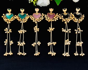 Minimalist Gemstone Gold Plated Long Kashmiri Earrings, Indian Inspired Handicraft Dangle Earrings.