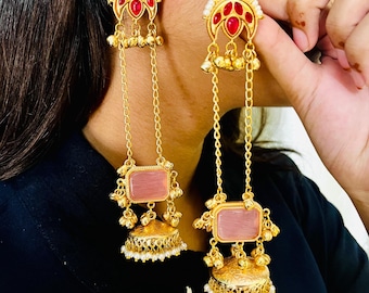 New Traditional Handicraft Kashmiri Jhumka Earrings, Indian Inspired Long Chain Gemstone Earrings.