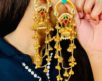 Ghungroo Chain Pachi kundan Kashmiri Earrings, South Indian Jhumka Earrings, Gold Plated Jewelry.