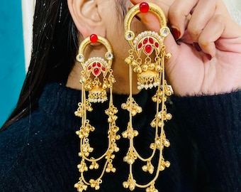 Ghungroo Chain Pachi kundan Kashmiri Earrings, South Indian Jhumka Earrings, Gold Plated Jewelry.