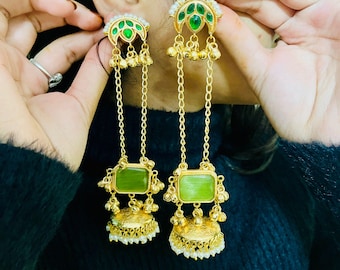 Green Cat's Eye Gemstone Long Kashmiri Jhumka, Gold Plated Kundan Handmade Jewelry.