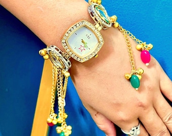 Kundan Bracelet Watch for Women, Indian Bridal Wrist Watch, Gold Plated Ethnic Jewelry, Boho Style Watch, Unique Jewelry, Diwali Gift.