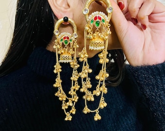 Ghungroo Chain Pachi kundan Kashmiri Earrings, South Indian Jhumka Earrings, Gold Plated Jewelry.