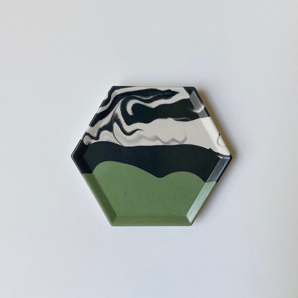 Evergreen Marbled Hexagon Coaster | Ring Tray | Candle Dish | Concrete Style Coaster | Plant Tray