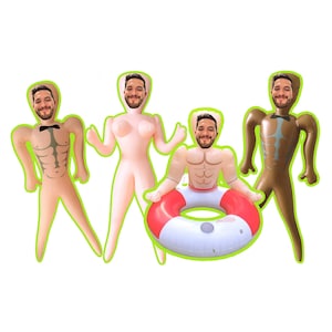 May include: Four inflatable figures with a person's face attached. The figures are in various poses, including one with a bow tie, one with a life preserver, and one with a tan color. The figures are outlined in green.