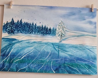 Pintura de acuarela de árbol de invierno