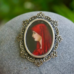 Antique St. Fabiola Portrait Brooch Pendant – Hand Painted, 800 Silver, Marcasite, c.1900