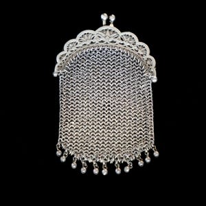 Antique European Silver Mesh Coin Purse – Small Edwardian Chainmail Chatelaine Purse – 3.25&quot; x 2&quot;