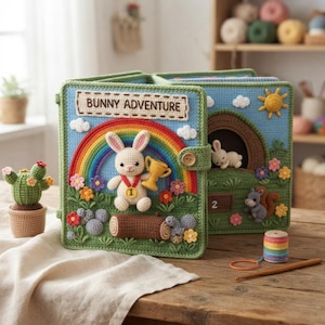 May include: A handmade crochet quiet book titled Bunny Adventure, featuring a white rabbit with a gold trophy and medal, a rainbow, flowers, and a log. The book has a light blue sky, green grass, and a button closure. A small crochet cactus sits nearby.