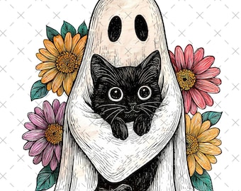 Retro Halloween-spöke och katt PNG SVG, läskigt spöke PNG, preppy blommig Halloween PNG, Boo Halloween PNG, rolig Halloween PNG, svart katt PNG