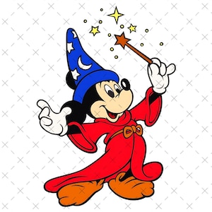 Könnte beinhalten: Cartoon-Illustration von Mickey Mouse als Zauberer. Er trägt eine rote Robe, orangefarbene Schuhe und einen blauen Zaubererhut mit einem Mond und Sternen. Mickey hält einen Zauberstab mit einem Stern am Ende, mit Sternen und Glitzer drumherum.