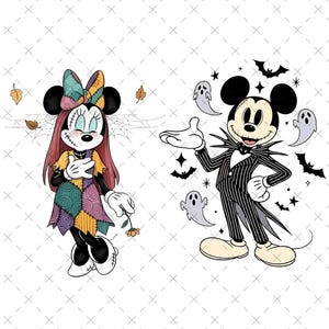 May include: Two cartoon characters, Minnie Mouse and Mickey Mouse, in Halloween costumes. Minnie is dressed as Sally from The Nightmare Before Christmas. Mickey is dressed as Jack Skellington. The background is white with a pattern.