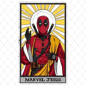 May include: A rectangular graphic featuring Deadpool in a religious icon style. He is in a red and black suit with a yellow halo and a yellow shawl. The text "MARVEL JESUS" is at the bottom.