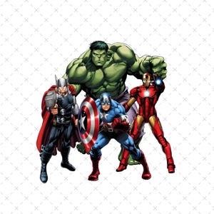 Könnte beinhalten: Illustration von vier Superhelden: Thor, Hulk, Captain America und Iron Man. Thor hält einen Hammer und trägt einen roten Umhang. Hulk ist grün und muskulös. Captain America hat einen Schild. Iron Man trägt einen rot-goldenen Anzug.