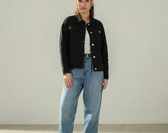 Black Denim Trucker Jacket Women | Oversized Jean Jacket | Y2K Streetwear Outerwear | Casual Boho Jacket | Gift for Her | Vintage Style Coat