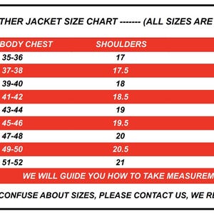 May include: A size chart for leather jackets, with measurements in inches. The chart includes sizes from XS to 5XL, listing chest, shoulder, and sleeve dimensions. Text at the bottom encourages customers to contact for size assistance.