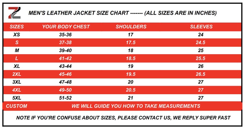 May include: A size chart for leather jackets, with measurements in inches. The chart includes sizes from XS to 5XL, listing chest, shoulder, and sleeve dimensions. Text at the bottom encourages customers to contact for size assistance.