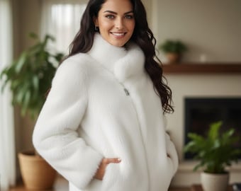 May include: A white faux fur coat with a high collar and a silver zipper closure. The coat has long sleeves and pockets. The woman is wearing blue jeans. The coat appears soft and warm.