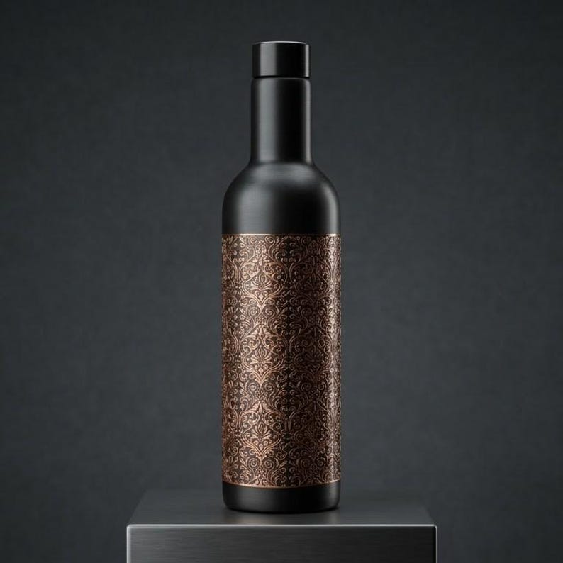 Full-length view of a 1000ml copper water bottle in black and antique copper. The bottle features a tall cylindrical silhouette, matte black coating and an ornate engraved copper section around the body. Its vintage and traditional Indian inspired appearance makes it suitable for home, office, yoga, wellness routines, travel and everyday hydration.