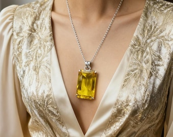 Genuine Yellow Citrine Pendant 100-110ct| Natural Crystal  with Chain Healing Jewelry for Abundance, Success & Joy | Handmade Stone Pendant