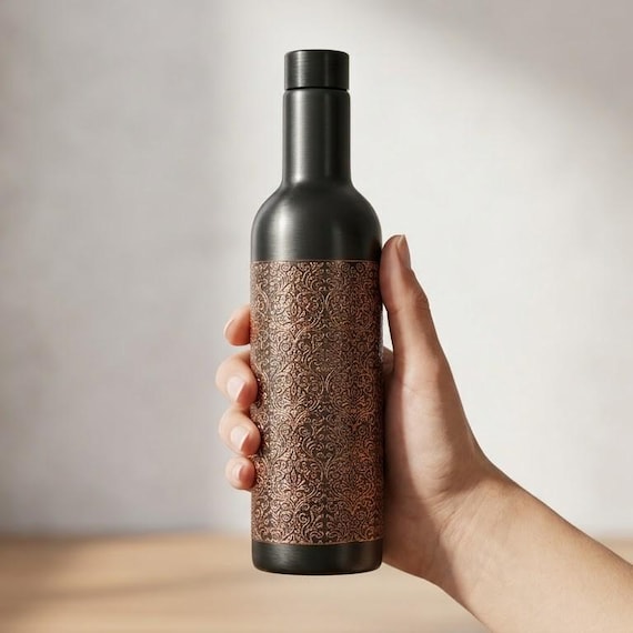 Engraved Copper Water Bottle 1000ml, Black Antique Copper Bottle, Handmade Indian Water Bottle, Ayurvedic Water Storage, Yoga Bottle