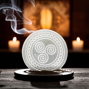 Premium Engraved Selenite Crystal Disc – Triskelion Spiral Design for Cleansing, Charging, and Celtic Spiritual Energy Healing, Gift for All