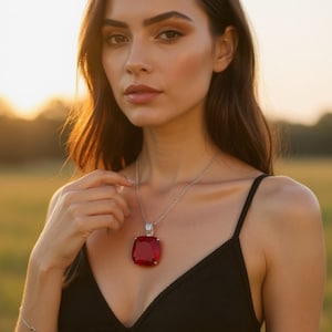 May include: A silver necklace with a large, square, ruby-red pendant. The pendant is set in a silver frame and hangs from a delicate silver chain. The woman is wearing a black top.