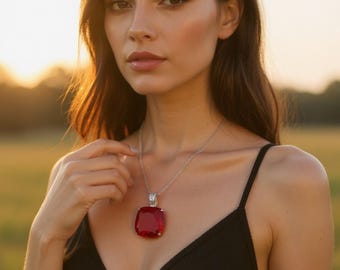 Cushion Cut Red Ruby Pendant Necklace | 90–100ct Natural Gemstone | Sterling Silver with Free Chain | Healing Crystal Jewelry for Love