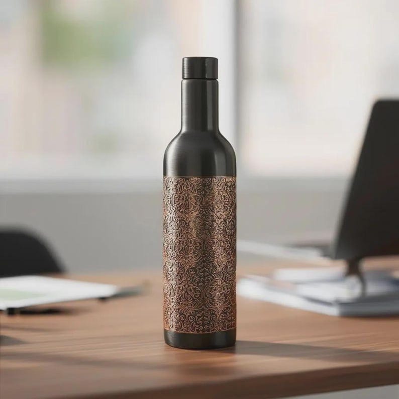 1000ml copper water bottle measuring approximately 31cm in height with a sleek 7.7cm by 3.8cm profile as provided. The bottle features a matte black coated finish, antique copper engraving and a traditional Indian inspired design. Its one-liter capacity makes it suitable for carrying drinking water throughout daily activities, yoga and travel.