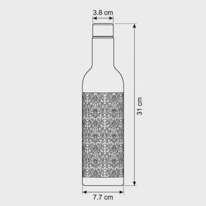 Close-up view of the intricate engraved copper detailing on a black copper water bottle. The decorative pattern creates a beautiful antique finish against the matte black surface. This traditional Indian inspired design combines vintage character with Boho Luxe styling and makes the 1000ml reusable bottle a distinctive everyday hydration accessory.