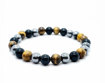 Tiger Eye Hematite Obsidian Bracelet 8mm, Triple Protection Crystal Bracelet, Unisex Healing Jewelry for Strength & Balance