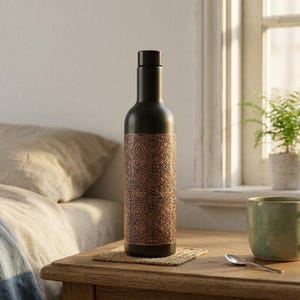 Unique engraved copper water bottle in black and antique copper, featuring an intricate vintage-inspired pattern and approximately one-liter capacity. This stylish reusable bottle makes a thoughtful gift for yoga enthusiasts, wellness lovers, fans of traditional Indian craftsmanship, and anyone who appreciates distinctive Boho Luxe accessories and decorative drinkware.
