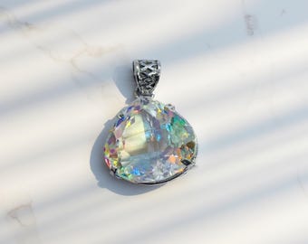 50-60CT Mystic Topaz Pendant Necklace with Free Chain – Iridescent Rainbow Gemstone Jewelry, Elegant Handmade Crystal Gift for Women