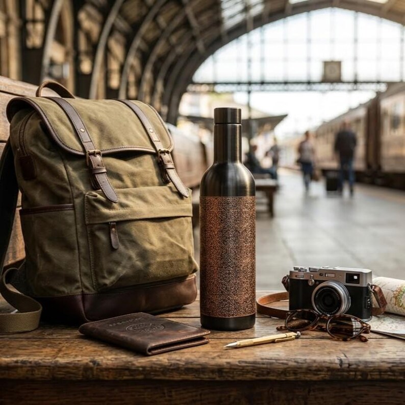 Elegant black and antique copper water bottle designed for everyday hydration, yoga and wellness routines. The 1000ml copper bottle features intricate engraved detailing and a sophisticated matte black finish. Its traditional Indian inspired appearance adds decorative character while the reusable design makes it a practical accessory for work, travel and daily activities.
