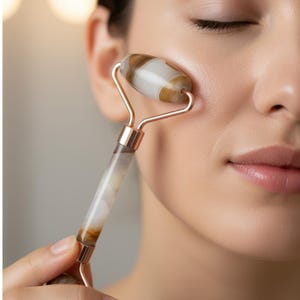 Puede incluir: Un rodillo facial con una piedra marrón, blanca y beige y un marco de metal de color oro rosa. El rodillo se utiliza en la cara de una persona, con los ojos cerrados. El rodillo es una herramienta de belleza y cuidado de la piel.
