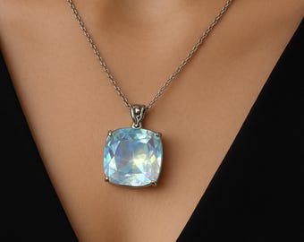 Mystic Topaz Pendant Necklace 50-60CT – Iridescent Rainbow Gemstone with Free Chain, Handmade Jewelry Gift