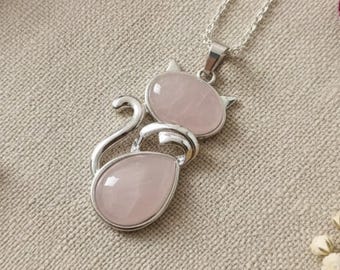 Handmade Rose Quartz Cat Pendant Necklace | Handmade Healing Crystal Jewelry