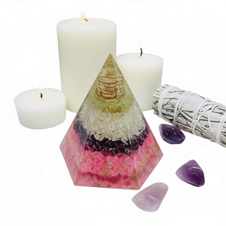 Orgone pyramid with copper coil for chakra balancing and Reiki energy