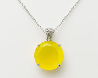 Yellow Opal Pendant Necklace | 100-110 CT Round Gemstone, Silver Bail Free Chain