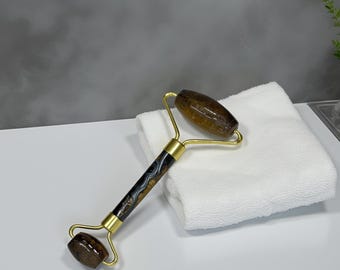 Natural Tiger Eye Crystal Facial Roller, Gold Brown Gemstone Beauty Tool for Skin Care, Anti-Aging, Spa Massage, Self-Care Gift