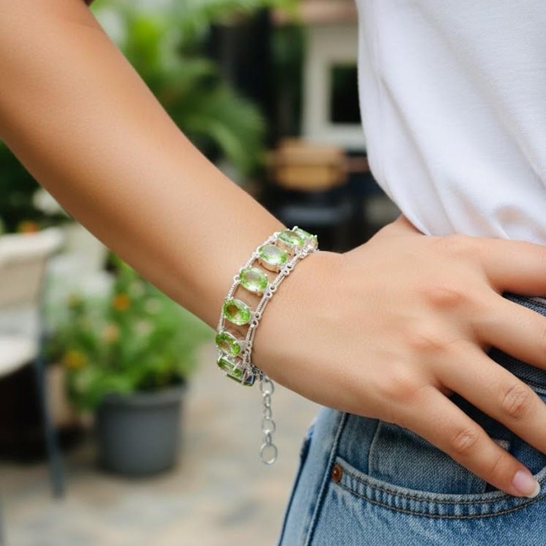 Handmade Green Garnet Gemstone Bracelet, Sterling Silver Link