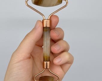 Natural Golden Brown Agate Face Roller, Crystal Facial Massage Tool for Skincare, Anti-Aging, Wellness & Self-Care Gift