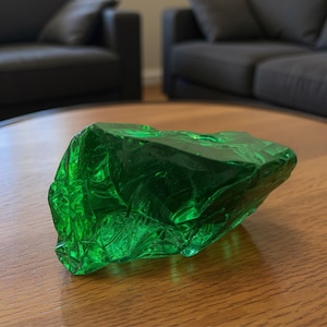 Op de afbeelding: Een groot, onregelmatig gevormd stuk groen glas ligt op een houten tafel. Het glas heeft een textuur en reflecteert licht, waardoor highlights en schaduwen ontstaan. De achtergrond omvat twee donkergrijze banken.