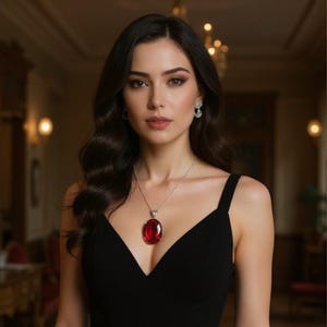 Op de afbeelding: Een vrouw draagt een zwarte jurk en sieraden. De ketting heeft een grote, ovale, rode edelsteen hanger. De oorbellen zijn klein en zilverkleurig. De vrouw heeft donker haar en kijkt in de camera.